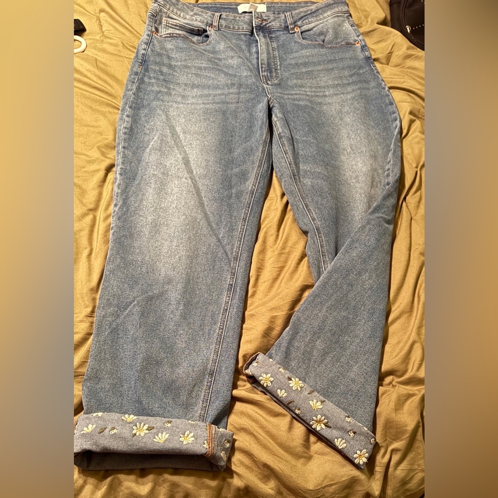 Cute Faded Blue Jeans with RollUp Floral Design
